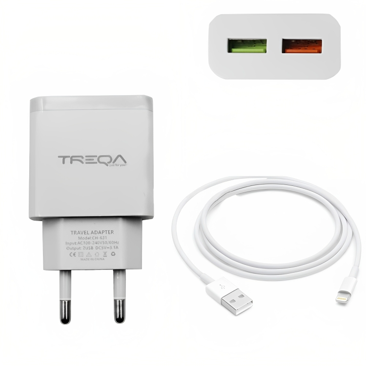 Φορτιστής Ταχείας Φόρτισης με 2 Θύρες USB 3.1A και Καλώδιο USB Lightning - Treqa Φορτιστής Ταχείας Φόρτισης με 2 Θύρες USB 3.1A και Καλώδιο USB Lightning - Treqa