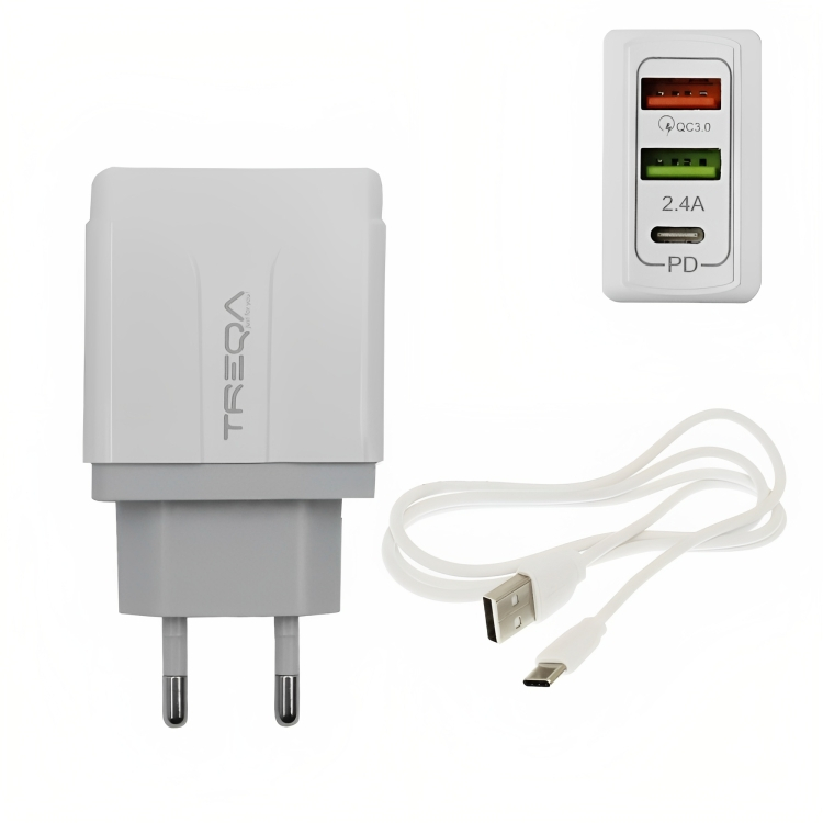 Φορτιστής Ταχείας Φόρτισης με 2 Θύρες USB 5.4A, 1 θύρα USB-C PD 38W και Καλώδιο USB TypeC - Treqa Φορτιστής Ταχείας Φόρτισης με 2 Θύρες USB 5.4A, 1 θύρα USB-C PD 38W και Καλώδιο USB TypeC - Treqa