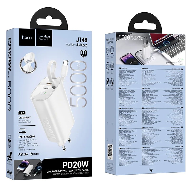 Hoco Power Bank 5000mAh – Φορτιστής και Powerbank με USB-C Καλώδιο, PD 20W, LED Display, Ταχυφόρτιση Hoco Power Bank 5000mAh – Φορτιστής και Powerbank με USB-C Καλώδιο, PD 20W, LED Display, Ταχυφόρτιση