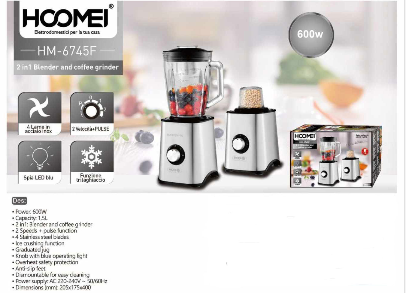 Hoomei 2 σε 1 Blender και Μύλος Καφέ με 4 Λεπίδες από Ανοξείδωτο Ατσάλι 600W 1.5lt Ασημί 6745F Hoomei 2 σε 1 Blender και Μύλος Καφέ με 4 Λεπίδες από Ανοξείδωτο Ατσάλι 600W 1.5lt Ασημί 6745F