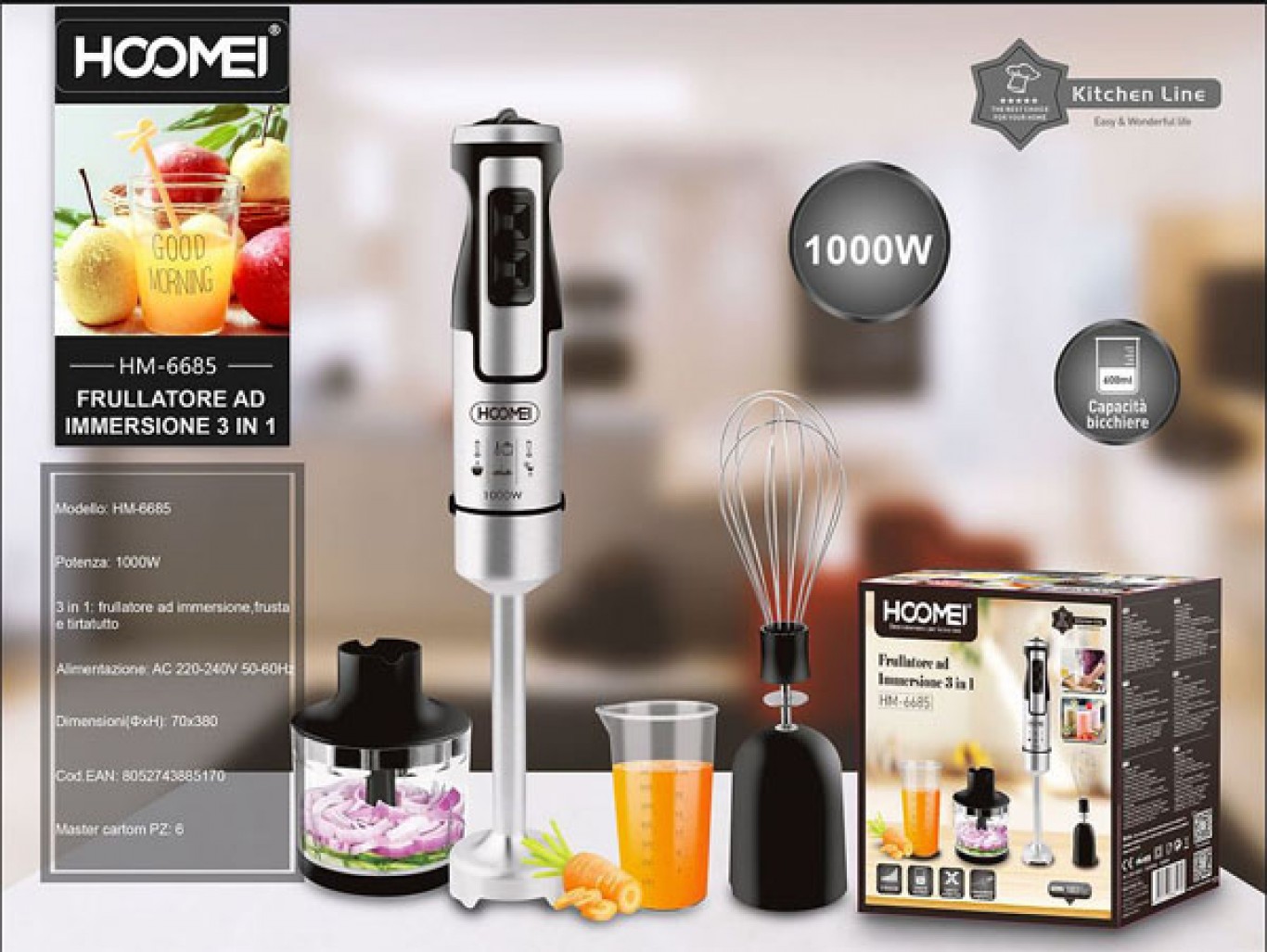 Hoomei Ραβδομπλέντερ με Ανοξείδωτη Ράβδο Inox 1000W 3 σε 1 Hoomei Ραβδομπλέντερ με Ανοξείδωτη Ράβδο Inox 1000W 3 σε 1