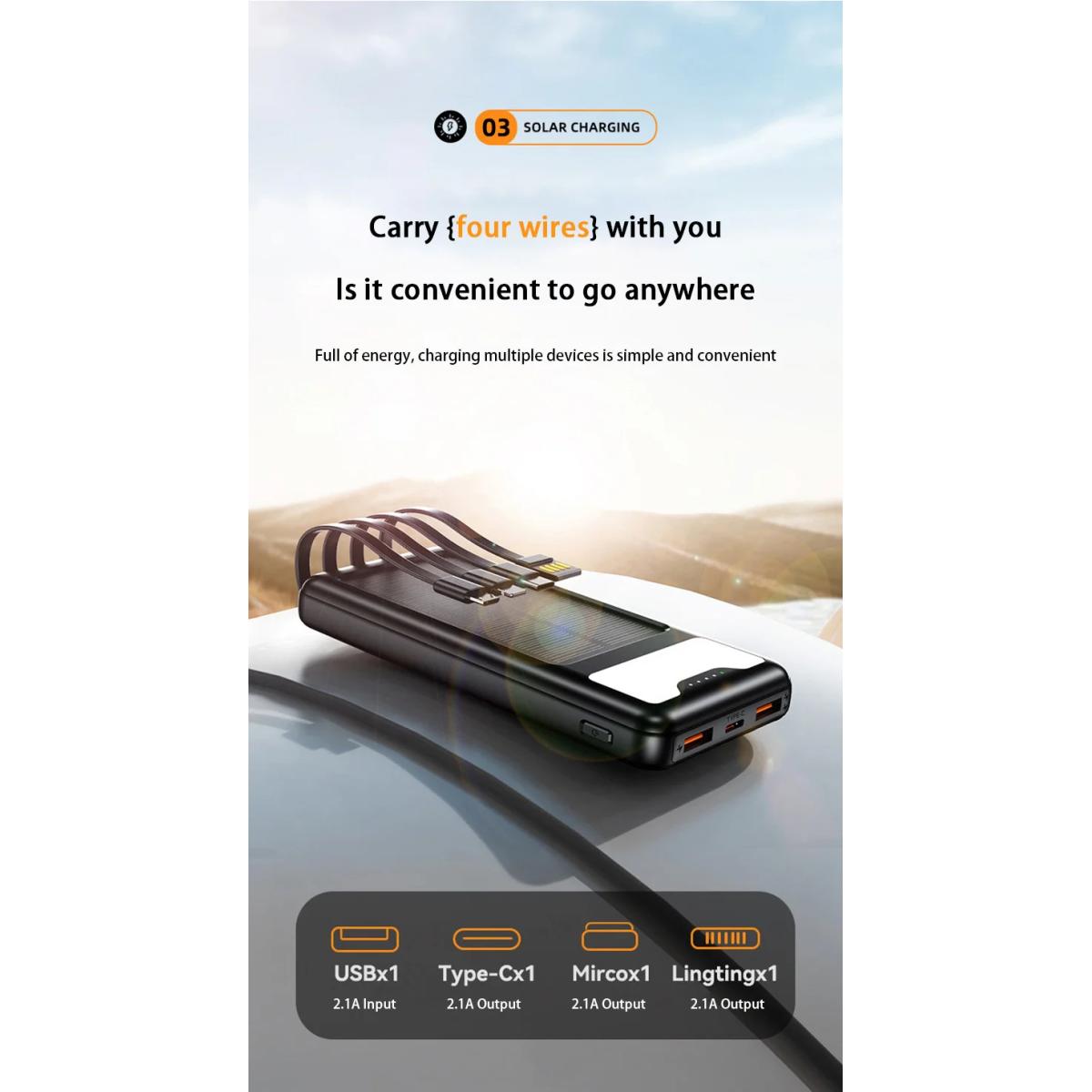 Ηλιακό Power Bank 12000mAh με 4 Ενσωματωμένα Καλώδια & LED Φακό ANDOWL Q-DC79 Ηλιακό Power Bank 12000mAh με 4 Ενσωματωμένα Καλώδια & LED Φακό ANDOWL Q-DC79