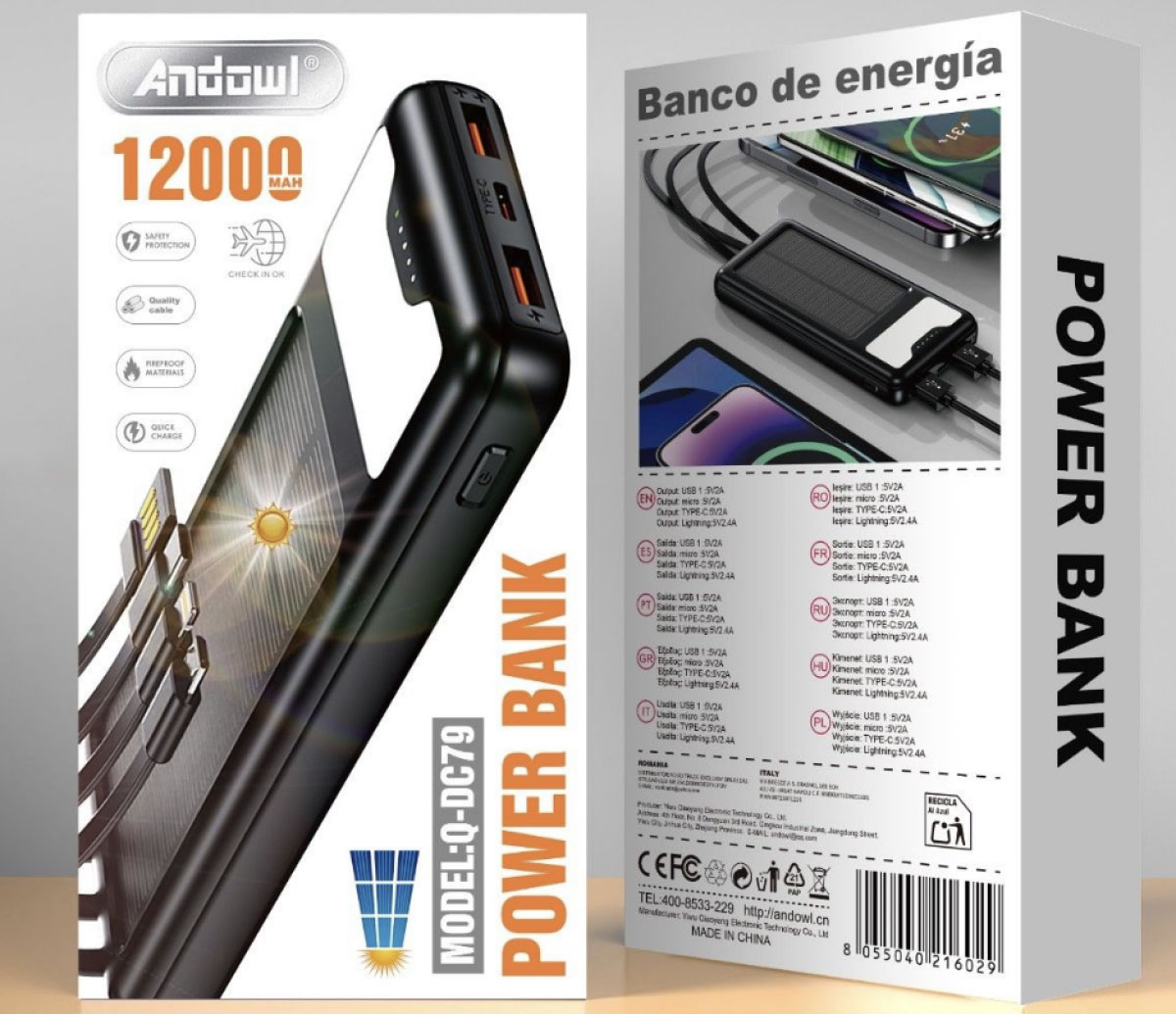 Ηλιακό Power Bank 12000mAh με 4 Ενσωματωμένα Καλώδια & LED Φακό ANDOWL Q-DC79 Ηλιακό Power Bank 12000mAh με 4 Ενσωματωμένα Καλώδια & LED Φακό ANDOWL Q-DC79