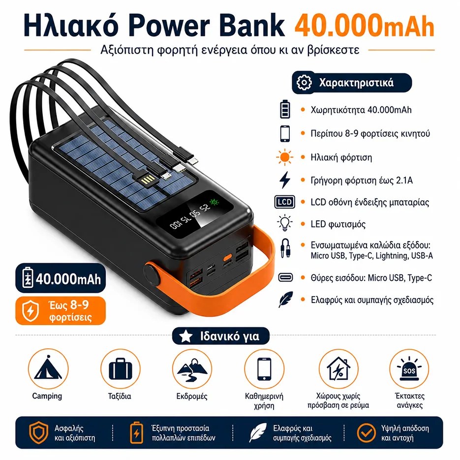 Ηλιακό Power Bank TR-957 40.000mAh – Ενέργεια Παντού | Με 4 Ενσωματωμένα Καλώδια, Οθόνη LCD, Φακό LED, Γρήγορη Φόρτιση 2.1A Ηλιακό Power Bank TR-957 40.000mAh – Ενέργεια Παντού Με 4 Ενσωματωμένα Καλώδια, Οθόνη LCD, Φακό LED, Γρήγορη Φόρτιση 2.1A