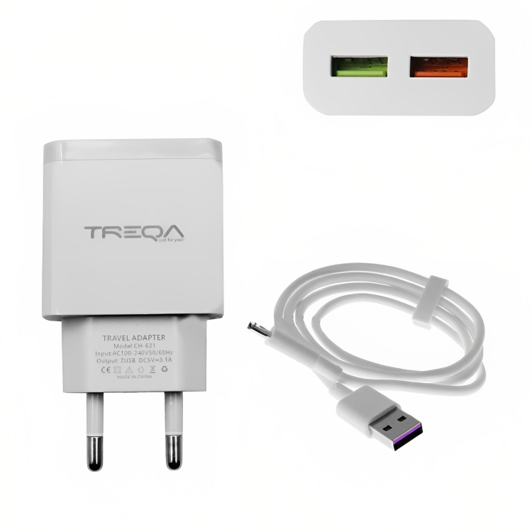 Φορτιστής Ταχείας Φόρτισης με 2 Θύρες USB 3.1A και Καλώδιο USB Type-C - Treqa