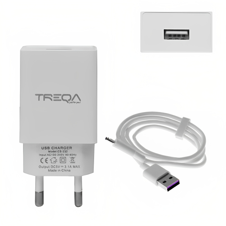 Φορτιστής Ταχείας Φόρτισης με 1 Θύρα USB 3.1A και Καλώδιο USB TypeC - Treqa