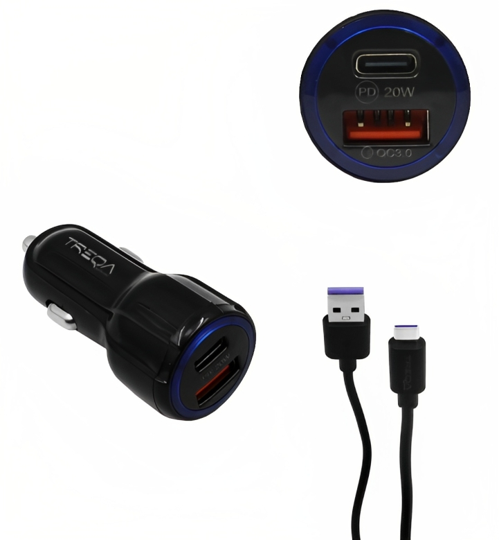 Φορτιστής Αυτοκινήτου Ταχείας Φόρτισης 12V – 24V με Θύρα USB-A 3.1Α και Θύρα USB-C PD 20W και Καλώδιο TypeC - Treqa