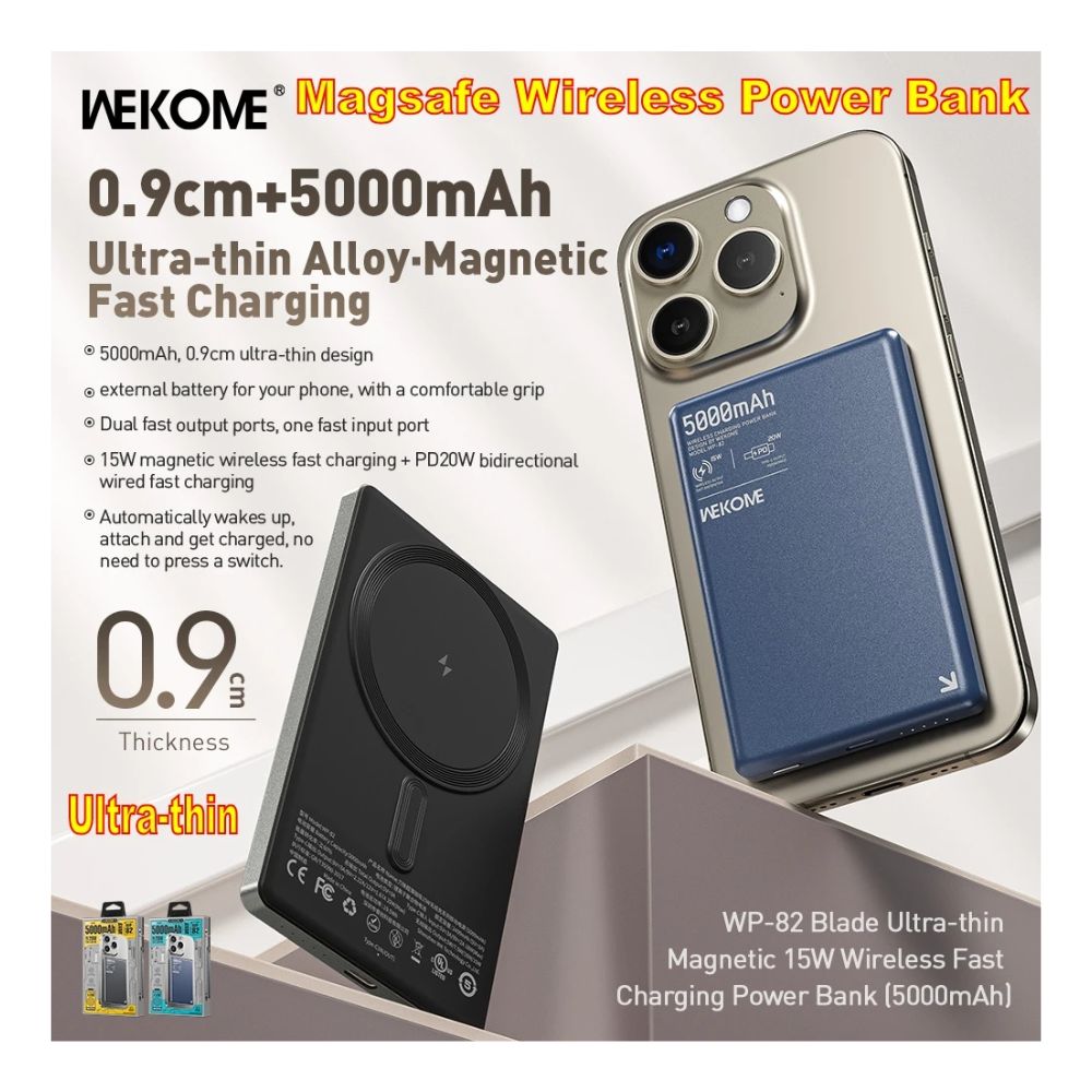Λεπτό Power Bank Ασύρματης Γρήγορης Φόρτισης 15W 5000mAh με Type-C Θύρες Wekome