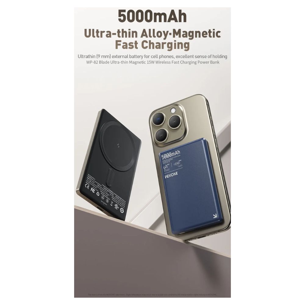 Λεπτό Power Bank Ασύρματης Γρήγορης Φόρτισης 15W 5000mAh με Type-C Θύρες Wekome