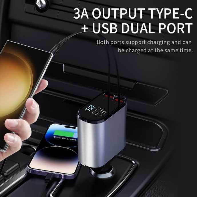 4 Σε 1 Φορτιστής Aυτοκινήτου με Θύρες USB και USB-C και Καλώδιο Φόρτισης Lightning και Type-C - 2.4A 120W 