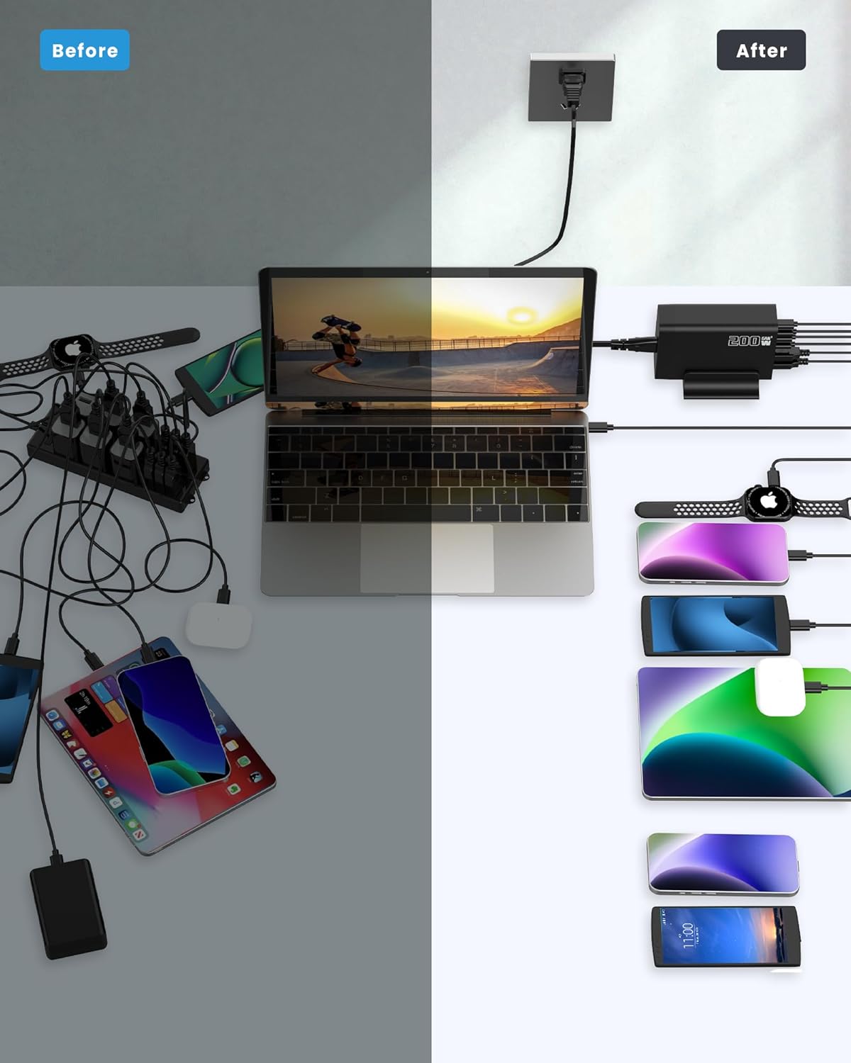 Σταθμός Γρήγορης Φόρτισης 200W, Φορτιστής USB Type-C Fast Charger 6 θυρών για Πολλαπλές Συσκευές - Andowl