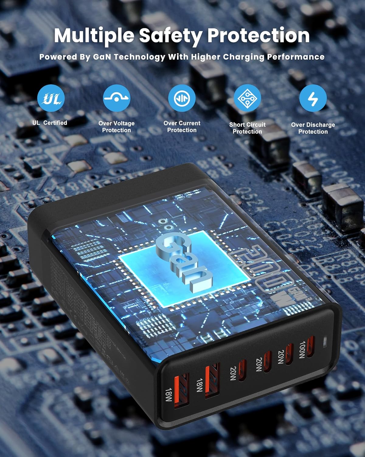 Σταθμός Γρήγορης Φόρτισης 200W, Φορτιστής USB Type-C Fast Charger 6 θυρών για Πολλαπλές Συσκευές - Andowl