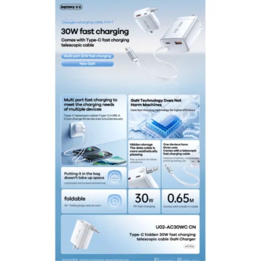 Αντάπτορας Φόρτισης 30W με Καλώδιο Lightning, 1 Θύρα Type-C & 1 Θύρα USB Remax