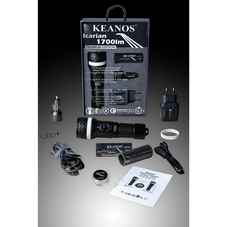 KEANOS® Σετ Extra Bright Αδιάβροχος Υποβρύχιος Καταδυτικός Φακός Icarian 1700lm Premium Edition με Διπλά Ο-Rings KEANOS® Σετ Extra Bright Αδιάβροχος Υποβρύχιος Καταδυτικός Φακός Icarian 1700lm Premium Edition με Διπλά Ο-Rings