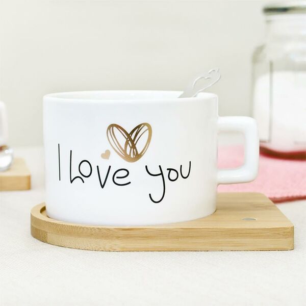 Κεραμική Κούπα 220ml με Φυσικό Ξύλινο Πιατάκι - Σουβέρ, Ανοξείδωτο Κουτάλι και Μήνυμα I Love You με Χρυσή Καρδιά 8.2 x 5.6cm Κεραμική Κούπα 220ml με Φυσικό Ξύλινο Πιατάκι - Σουβέρ, Ανοξείδωτο Κουτάλι και Μήνυμα I Love You με Χρυσή Καρδιά 8.2 x 5.6cm