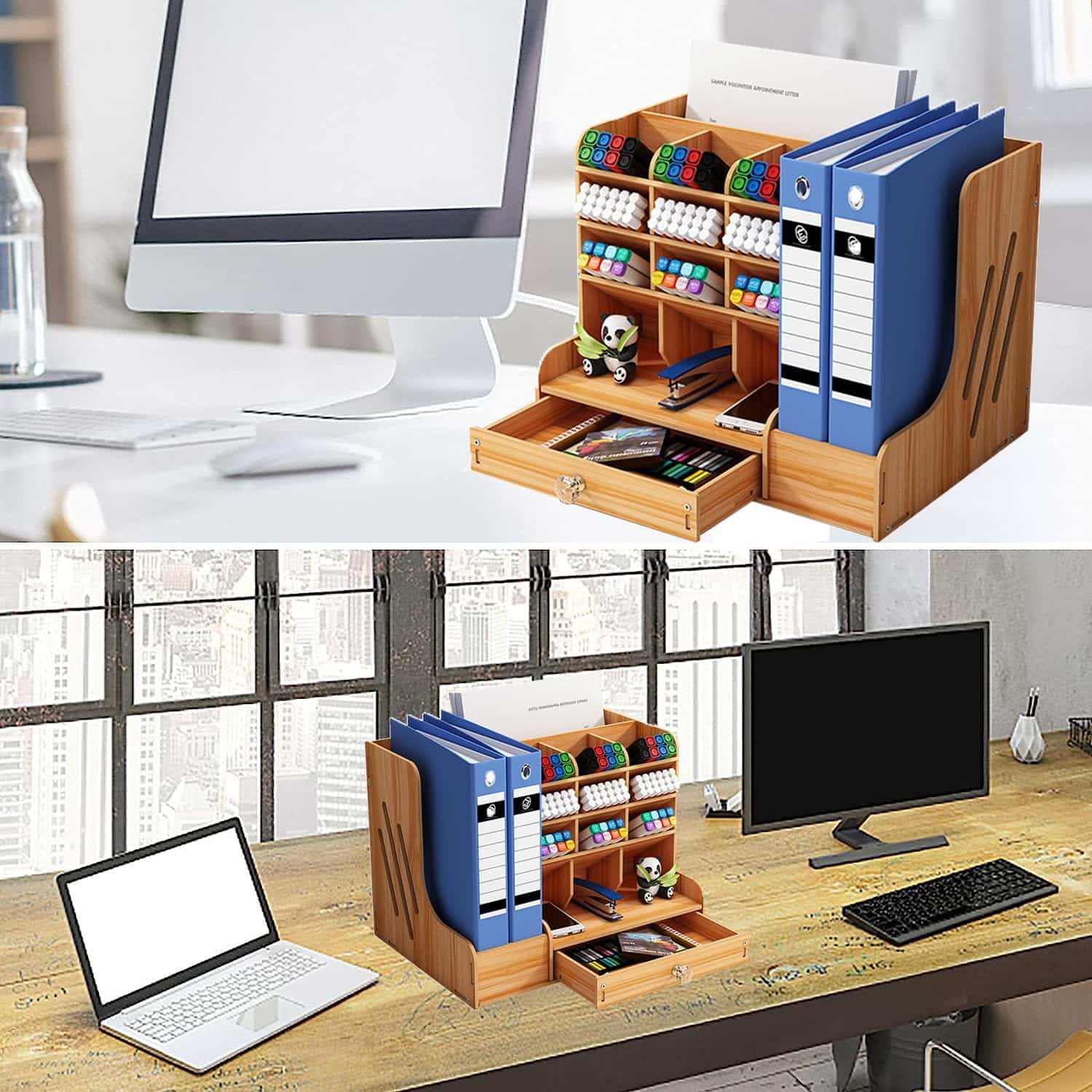 Ξύλινη MDF Επιτραπέζια Θήκη Οργάνωσης Γραφείου με Συρτάρι και Χώρο για Ντοσιέ 33×26×26cm Ξύλινη MDF Επιτραπέζια Θήκη Οργάνωσης Γραφείου με Συρτάρι και Χώρο για Ντοσιέ 33×26×26cm