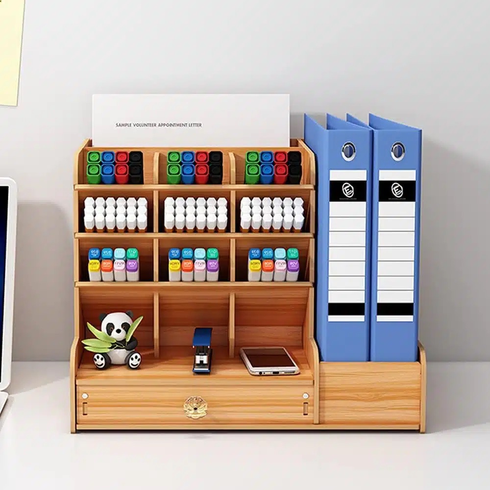 Ξύλινη MDF Επιτραπέζια Θήκη Οργάνωσης Γραφείου με Συρτάρι και Χώρο για Ντοσιέ 33×26×26cm Ξύλινη MDF Επιτραπέζια Θήκη Οργάνωσης Γραφείου με Συρτάρι και Χώρο για Ντοσιέ 33×26×26cm