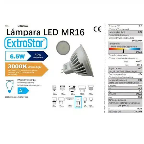 Λάμπα LED για Ντουί Λαμπτήρας Οικονομίας Extrastar MR16 12V 6.5W 520LM Θερμό Λευκό 3000K Λάμπα LED για Ντουί Λαμπτήρας Οικονομίας Extrastar MR16 12V 6.5W 520LM Θερμό Λευκό 3000K