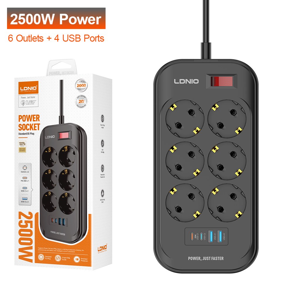 LDNIO Πολύπριζο 6 Θέσεων με 4 USB Ports, 2500W και 2m Καλώδιο LDNIO Πολύπριζο 6 Θέσεων με 4 USB Ports, 2500W και 2m Καλώδιο