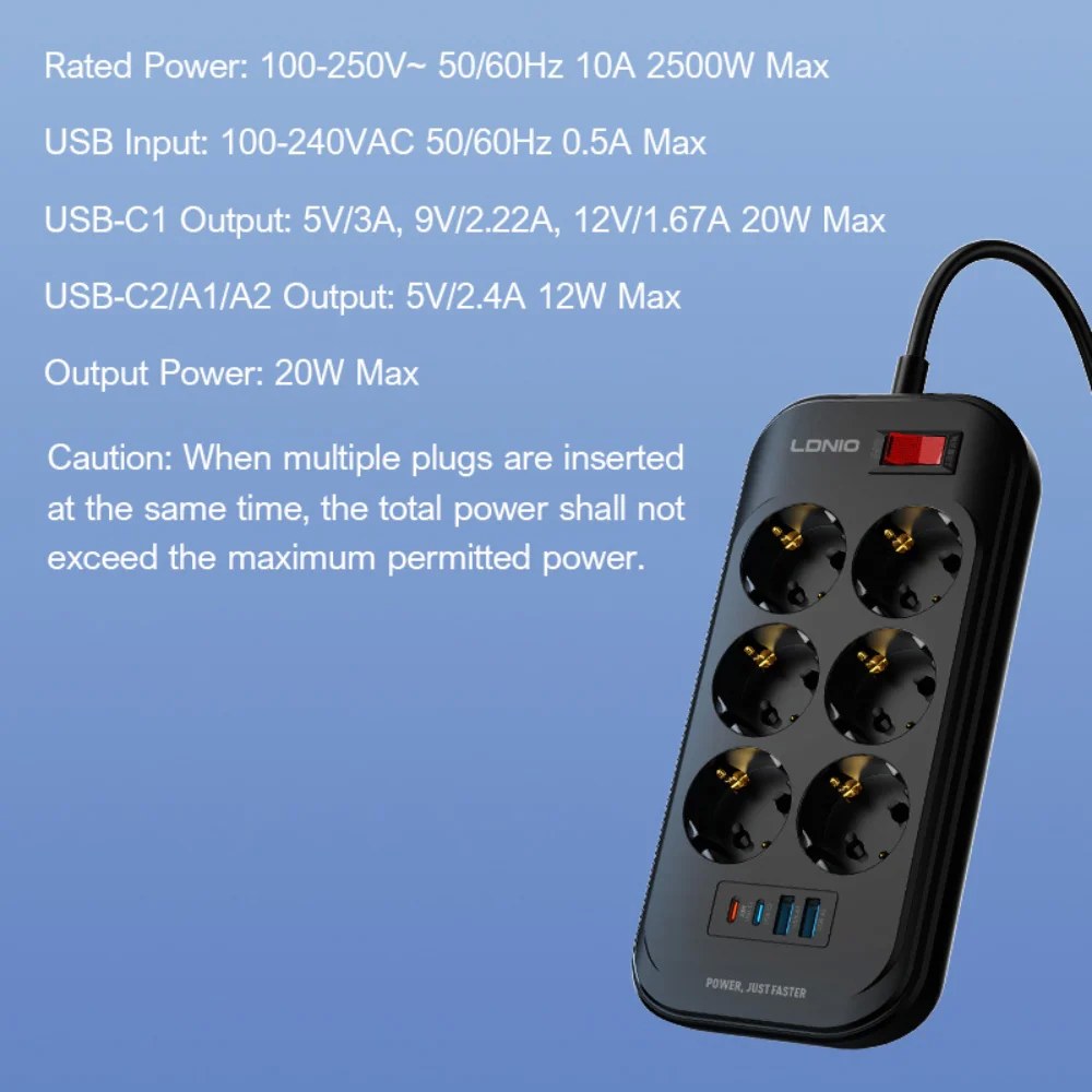 LDNIO Πολύπριζο 6 Θέσεων με 4 USB Ports, 2500W και 2m Καλώδιο LDNIO Πολύπριζο 6 Θέσεων με 4 USB Ports, 2500W και 2m Καλώδιο
