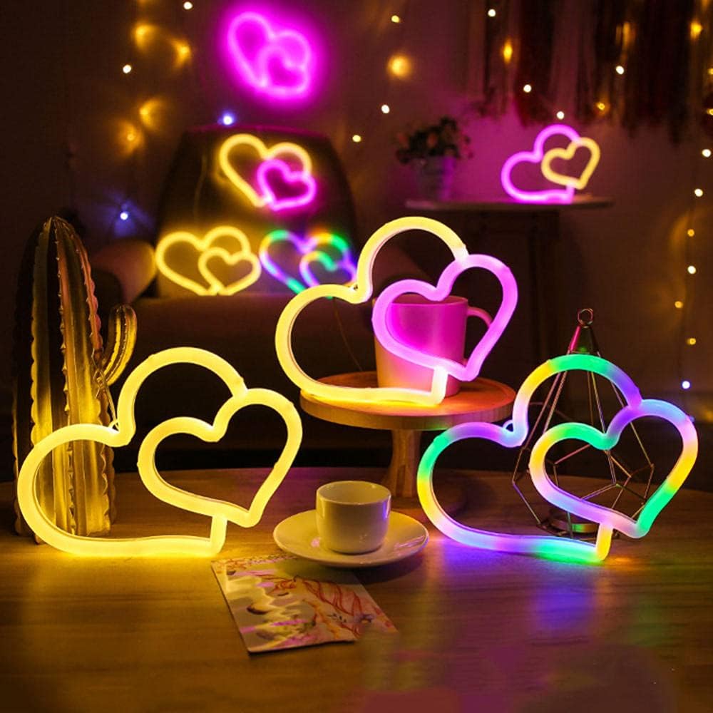 LED Επιτοίχιο Διακοσμητικό Φωτιστικό Neon με Τροφοδοσία USB ή Μπαταρίες με Σχέδιο Διπλή Καρδιά σε Θερμό Φως LED Επιτοίχιο Διακοσμητικό Φωτιστικό Neon με Τροφοδοσία USB ή Μπαταρίες με Σχέδιο Διπλή Καρδιά σε Θερμό Φως