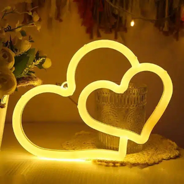 LED Επιτοίχιο Διακοσμητικό Φωτιστικό Neon με Τροφοδοσία USB ή Μπαταρίες με Σχέδιο Διπλή Καρδιά σε Θερμό Φως LED Επιτοίχιο Διακοσμητικό Φωτιστικό Neon με Τροφοδοσία USB ή Μπαταρίες με Σχέδιο Διπλή Καρδιά σε Θερμό Φως