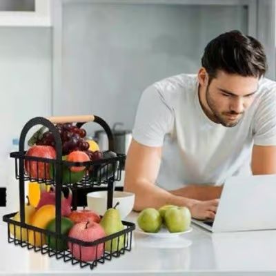 Μεταλλική Ραφιέρα – Φρουτιέρα 2 Επιπέδων 37x30x18.5cm με Ξύλινη Λαβή Μεταλλική Ραφιέρα – Φρουτιέρα 2 Επιπέδων 37x30x18.5cm με Ξύλινη Λαβή