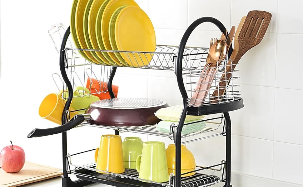 Μεταλλική Τριώροφη Πιατοθήκη Στραγγίσματος με Πλαστικό Δίσκο 46x22x49cm - Μαύρο Μεταλλική Τριώροφη Πιατοθήκη Στραγγίσματος με Πλαστικό Δίσκο 46x22x49cm - Μαύρο