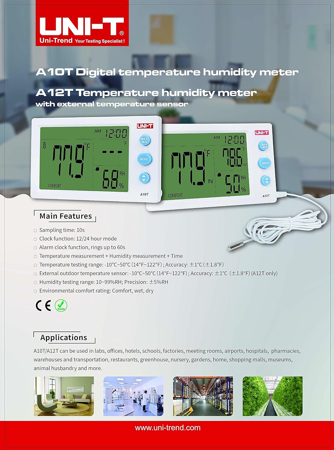 Μετρητής Θερμοκρασίας & Υγρασίας με Ρολόι & Ξυπνητήρι - LCD Οθόνη 4,5 Ιντσών - UNI-T Μετρητής Θερμοκρασίας & Υγρασίας με Ρολόι & Ξυπνητήρι - LCD Οθόνη 4,5 Ιντσών - UNI-T