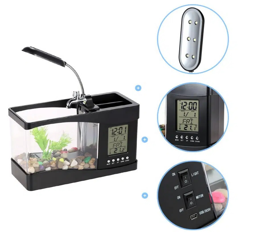 Mini Ενυδρείο - Μολυβοθήκη με Φωτισμό LED, Ηχείο & Οθόνη LCD με Ρολόι, Ημερολόγιο & Ξυπνητήρι USB 2,2Lt Mini Ενυδρείο - Μολυβοθήκη με Φωτισμό LED, Ηχείο & Οθόνη LCD με Ρολόι, Ημερολόγιο & Ξυπνητήρι USB 2,2Lt