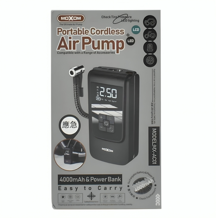 Μίνι Επαναφορτιζόμενο Κομπρεσέρ Αέρος 60W - Powerbank 4000 mAh και Φακός με Οθόνη Ψηφιακών Ενδείξεων Moxom Μίνι Επαναφορτιζόμενο Κομπρεσέρ Αέρος 60W - Powerbank 4000 mAh και Φακός με Οθόνη Ψηφιακών Ενδείξεων Moxom