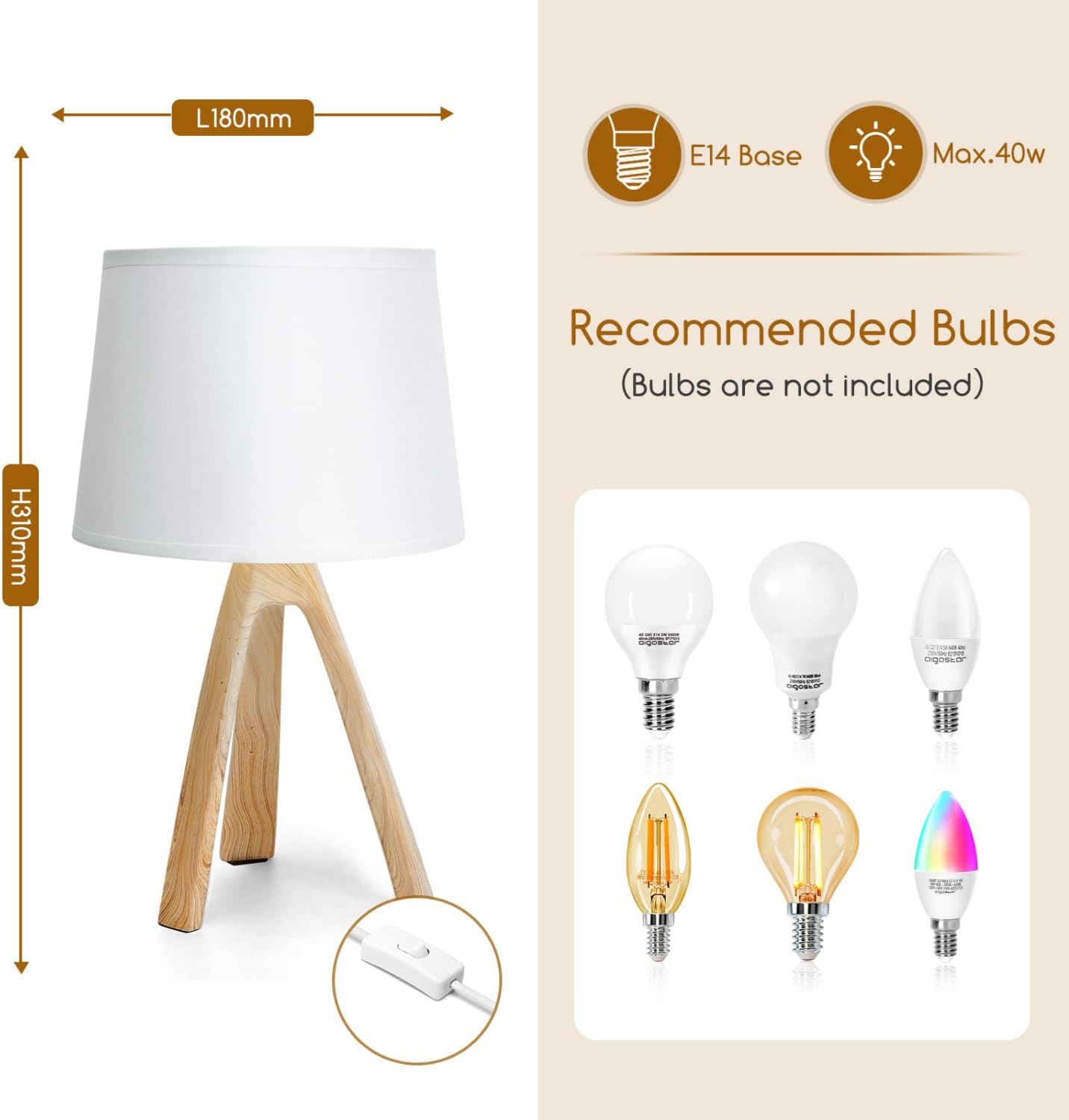 Μοντέρνο Επιτραπέζιο Φωτιστικό – Πορτατίφ για Ντουί E14 40W με Λευκό Καπέλο και Ξύλινη Βάση Aigostar Μοντέρνο Επιτραπέζιο Φωτιστικό – Πορτατίφ για Ντουί E14 40W με Λευκό Καπέλο και Ξύλινη Βάση Aigostar