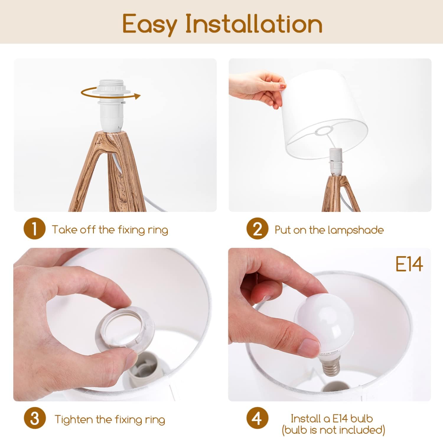 Μοντέρνο Επιτραπέζιο Φωτιστικό – Πορτατίφ για Ντουί E14 40W με Λευκό Καπέλο και Ξύλινη Βάση Aigostar Μοντέρνο Επιτραπέζιο Φωτιστικό – Πορτατίφ για Ντουί E14 40W με Λευκό Καπέλο και Ξύλινη Βάση Aigostar