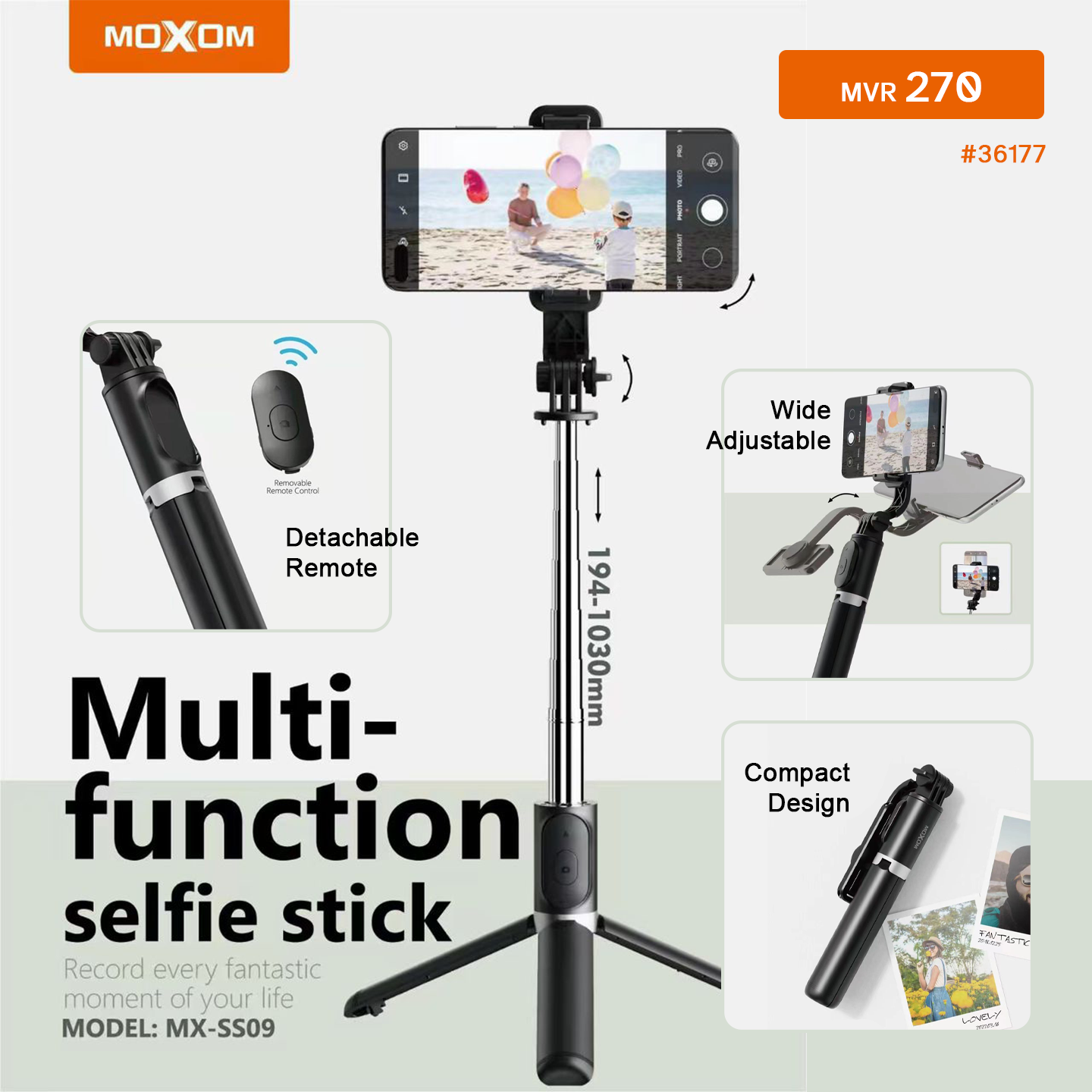 Moxom Ασύρματο Πτυσσόμενο Bluetooth Τρίποδο- Selfie Stick με Χειριστήριο Moxom Ασύρματο Πτυσσόμενο Bluetooth Τρίποδο- Selfie Stick με Χειριστήριο