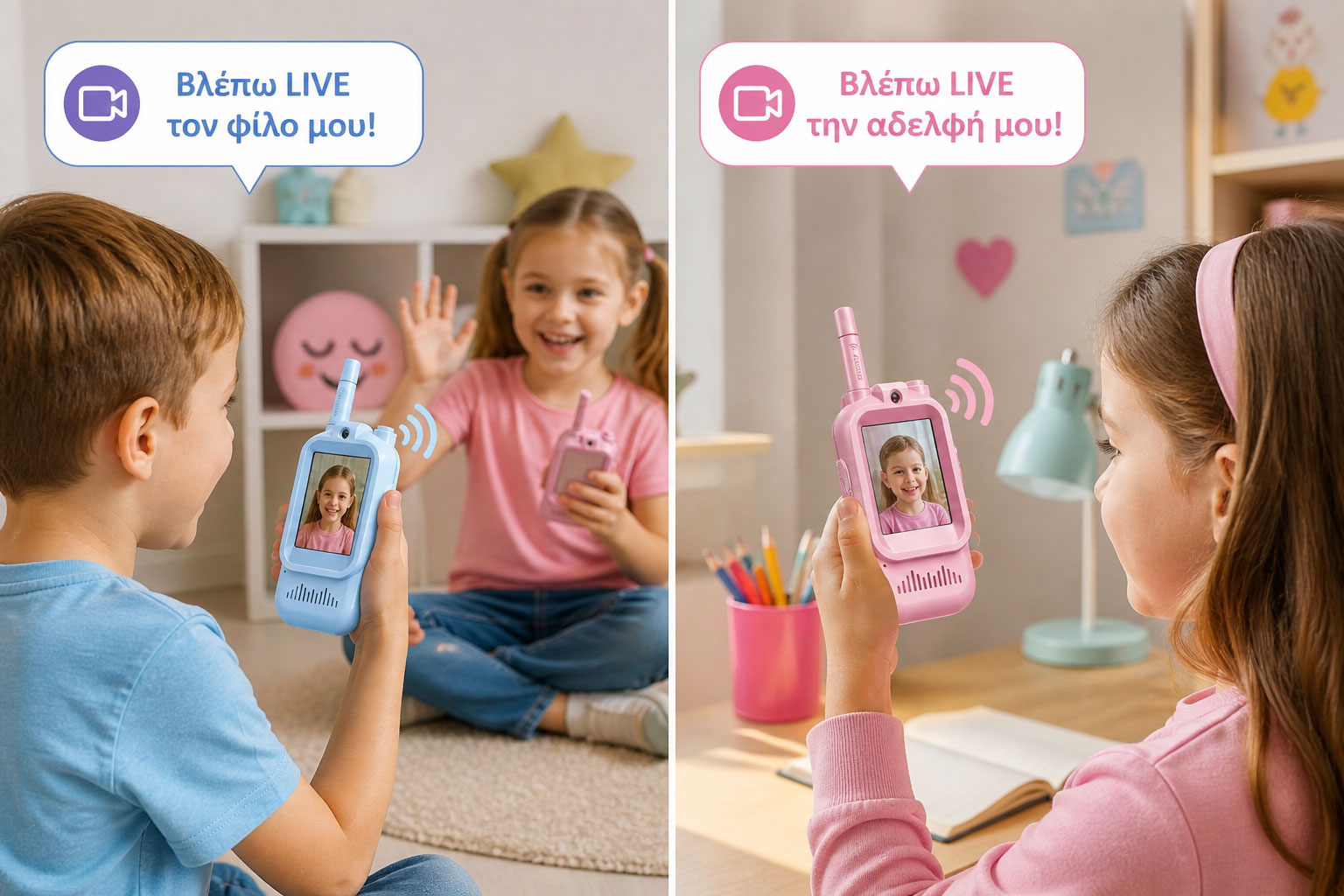 Παιδικό Σετ Walkie Talkie με Κάμερα, Φωτογραφίες & Live Επικοινωνία για Παιδιά 3+ Μπλε/Ροζ Andowl Παιδικό Σετ Walkie Talkie με Κάμερα, Φωτογραφίες & Live Επικοινωνία για Παιδιά 3+ Μπλε/Ροζ Andowl