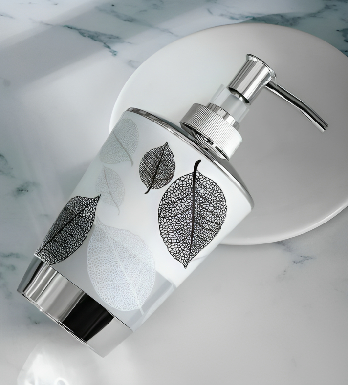 Πλαστικό Dispenser Σαπουνιού - Λευκό Γκρι με Φύλλα Πλαστικό Dispenser Σαπουνιού - Λευκό Γκρι με Φύλλα