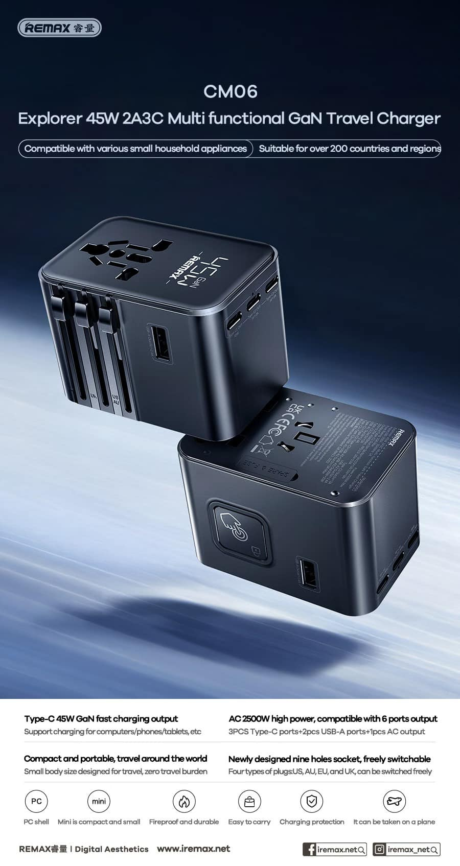 Πολυλειτουργικός Αντάπτορας Πρίζας Ταξιδιού Universal 45W GaN με USB-C & USB Θύρες Remax Πολυλειτουργικός Αντάπτορας Πρίζας Ταξιδιού Universal 45W GaN με USB-C & USB Θύρες Remax
