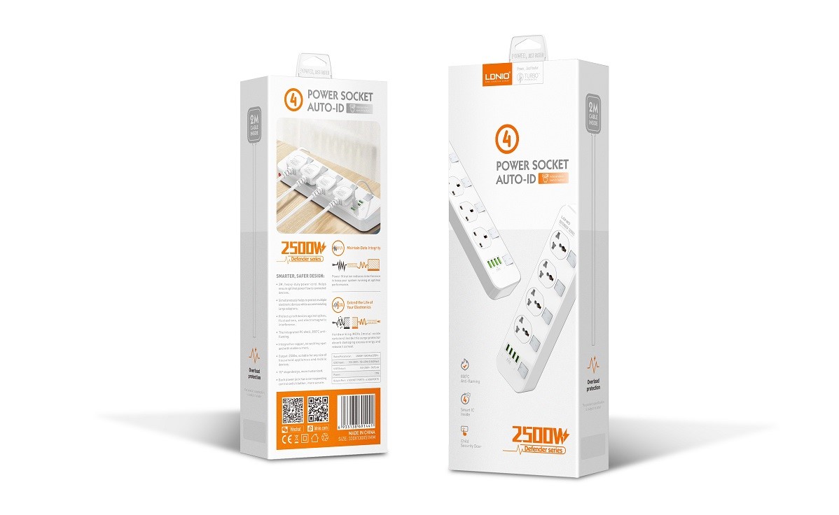 Πολύπριζο Ασφαλείας 4 Universal Θέσεων με 4 USB & Διακόπτες 2m - LDNIO Πολύπριζο Ασφαλείας 4 Universal Θέσεων με 4 USB & Διακόπτες 2m - LDNIO