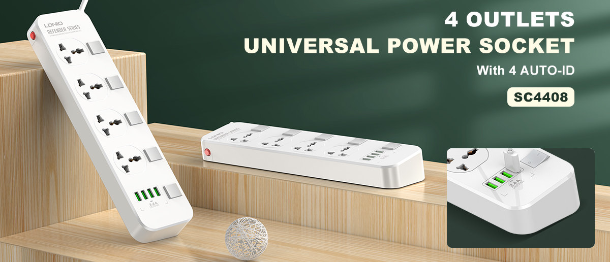 Πολύπριζο Ασφαλείας 4 Universal Θέσεων με 4 USB & Διακόπτες 2m - LDNIO Πολύπριζο Ασφαλείας 4 Universal Θέσεων με 4 USB & Διακόπτες 2m - LDNIO