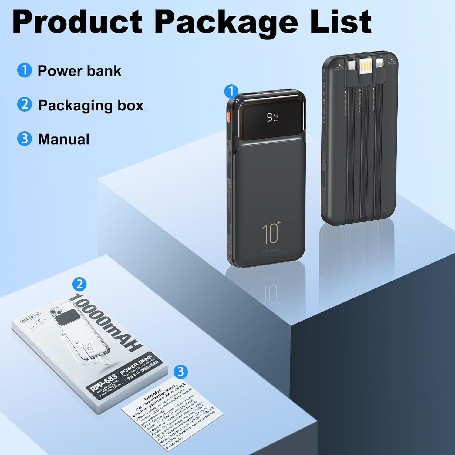 Power bank 10000mAh με 3 Καλώδια και Οθόνη LED Remax Power bank 10000mAh με 3 Καλώδια και Οθόνη LED Remax