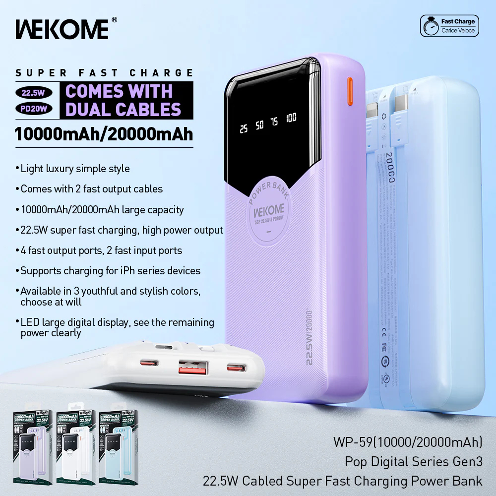 Power Bank 20000mAh 22.5W με 2 Καλώδια Γρήγορης Φόρτισης Type-C & Lightning και Θύρες USB & Type-C - Wekome Power Bank 20000mAh 22.5W με 2 Καλώδια Γρήγορης Φόρτισης Type-C & Lightning και Θύρες USB & Type-C - Wekome