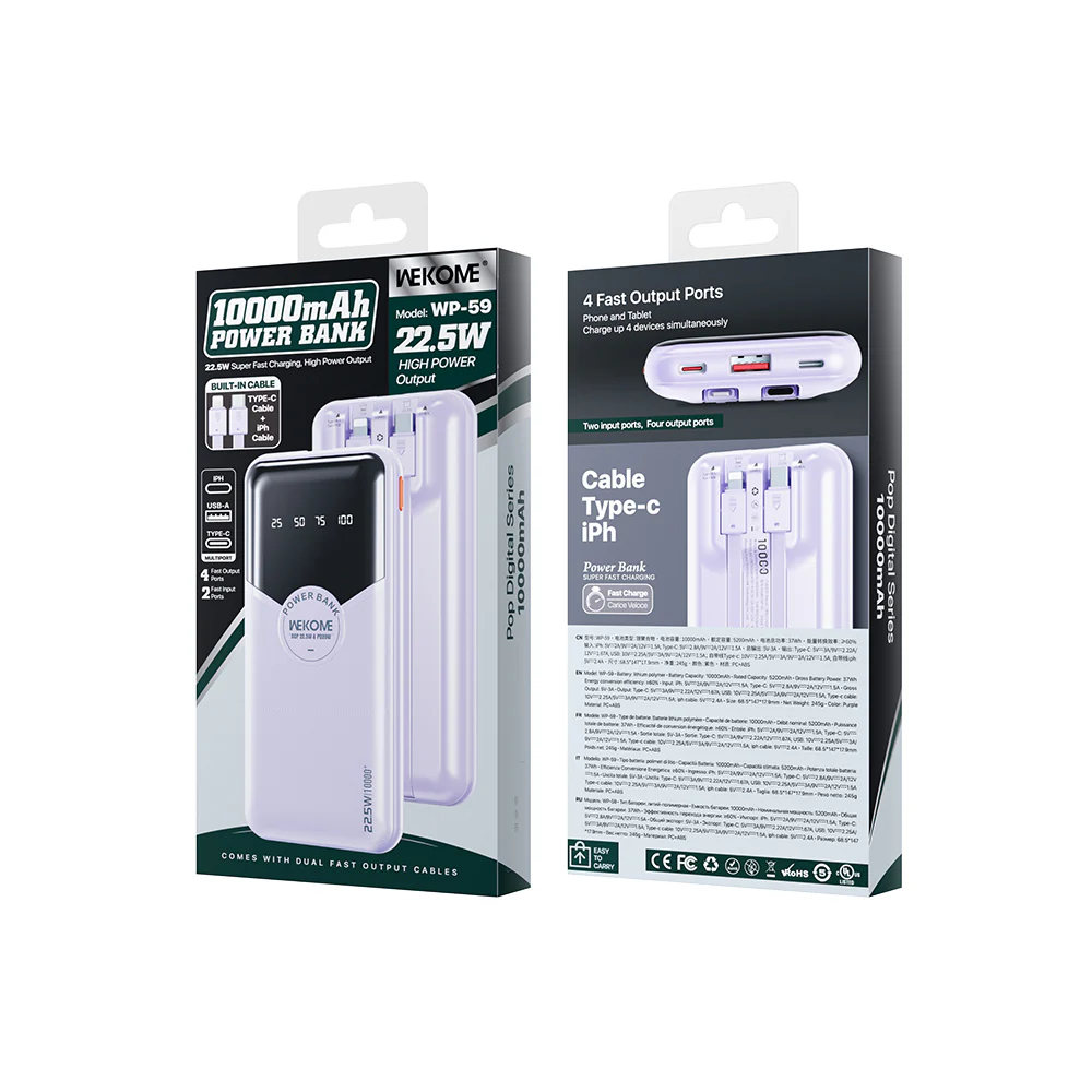 Power Bank 20000mAh 22.5W με 2 Καλώδια Γρήγορης Φόρτισης Type-C & Lightning και Θύρες USB & Type-C - Wekome Power Bank 20000mAh 22.5W με 2 Καλώδια Γρήγορης Φόρτισης Type-C & Lightning και Θύρες USB & Type-C - Wekome