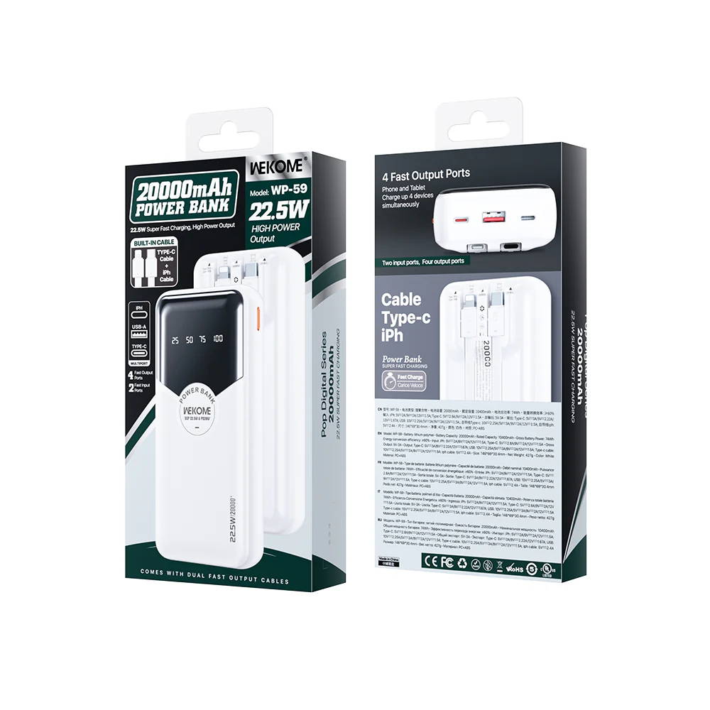 Power Bank 20000mAh 22.5W με 2 Καλώδια Γρήγορης Φόρτισης Type-C & Lightning και Θύρες USB & Type-C - Wekome Power Bank 20000mAh 22.5W με 2 Καλώδια Γρήγορης Φόρτισης Type-C & Lightning και Θύρες USB & Type-C - Wekome