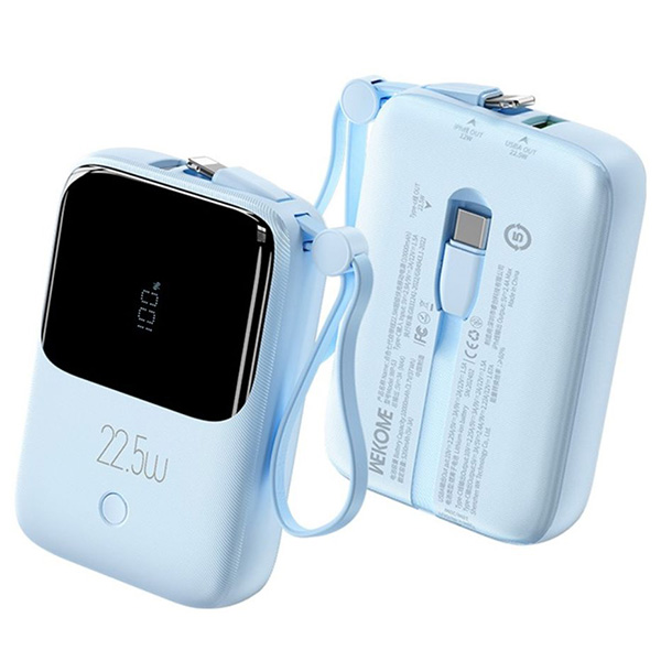 Wekome WP-53 Power Bank Γρήγορης Φόρτισης με 2 Ενσωματωμένα Καλώδια – 10000mAh 22.5W, Γαλάζιο Wekome WP-53 Power Bank Γρήγορης Φόρτισης με 2 Ενσωματωμένα Καλώδια – 10000mAh 22.5W, Γαλάζιο