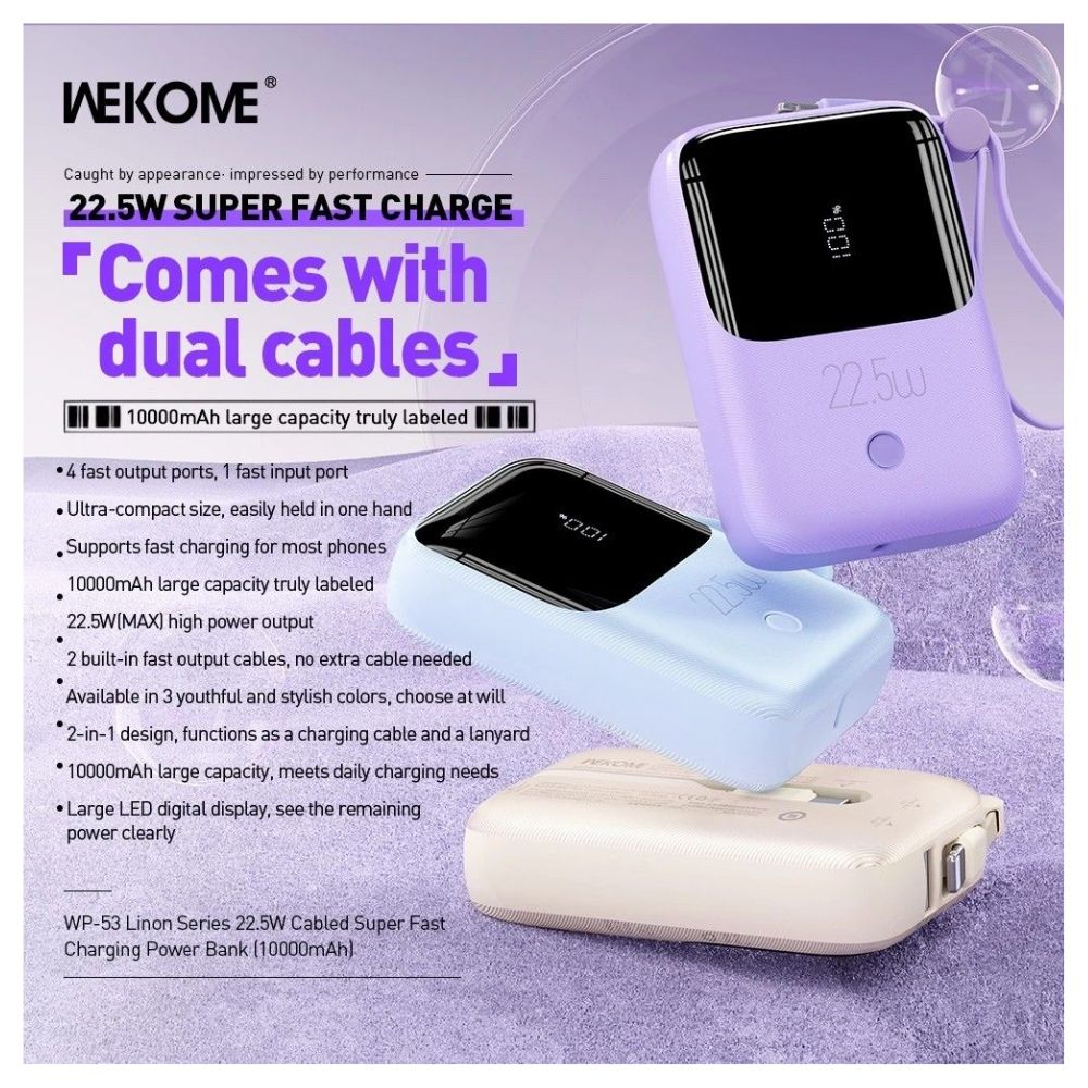 Wekome WP-53 Power Bank Γρήγορης Φόρτισης με 2 Ενσωματωμένα Καλώδια – 10000mAh 22.5W, Γαλάζιο Wekome WP-53 Power Bank Γρήγορης Φόρτισης με 2 Ενσωματωμένα Καλώδια – 10000mAh 22.5W, Γαλάζιο