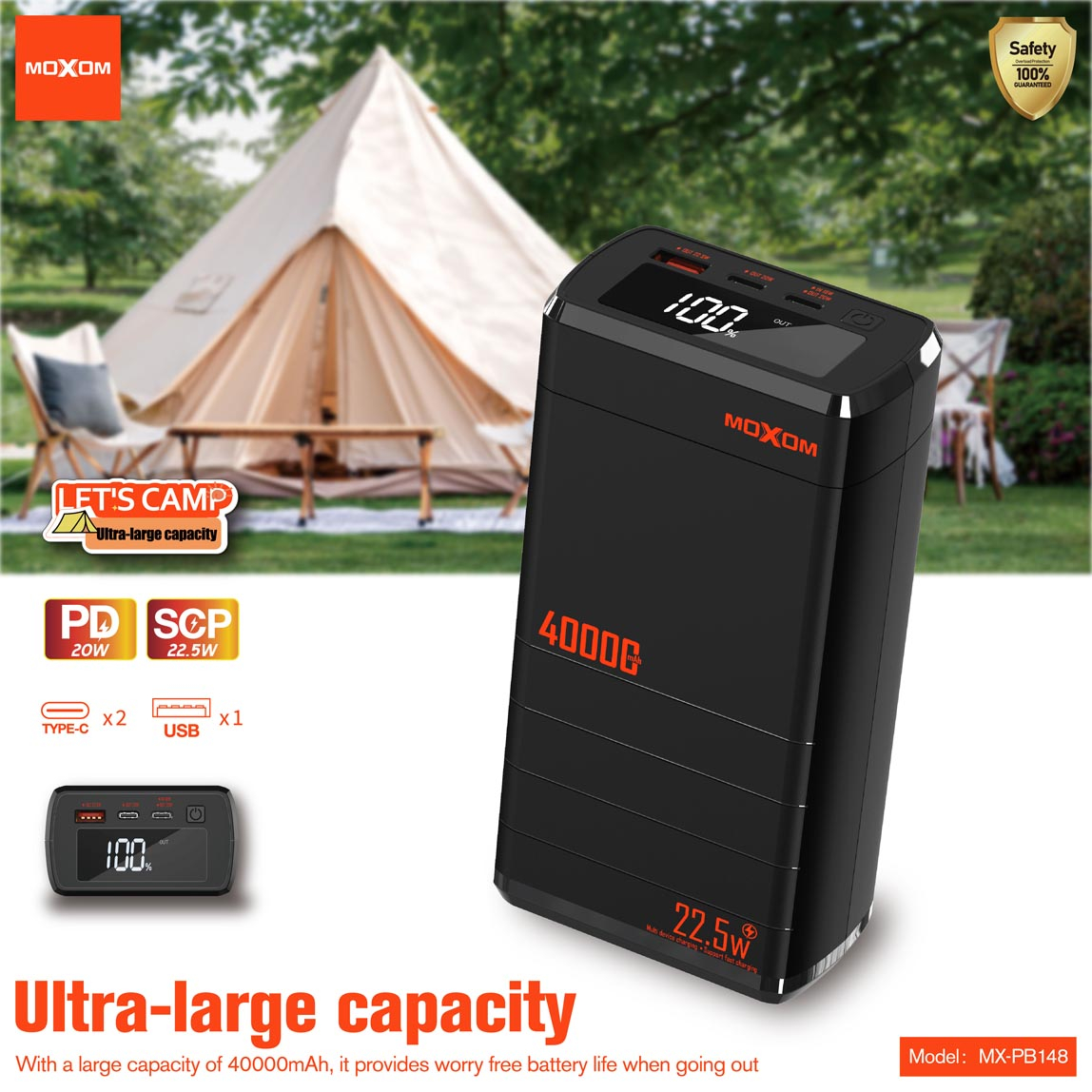 Powerbank 40000mAh 22,5W με Θύρα USB-A και 2 Θύρες USB-C - Moxom Powerbank 40000mAh 22,5W με Θύρα USB-A και 2 Θύρες USB-C - Moxom