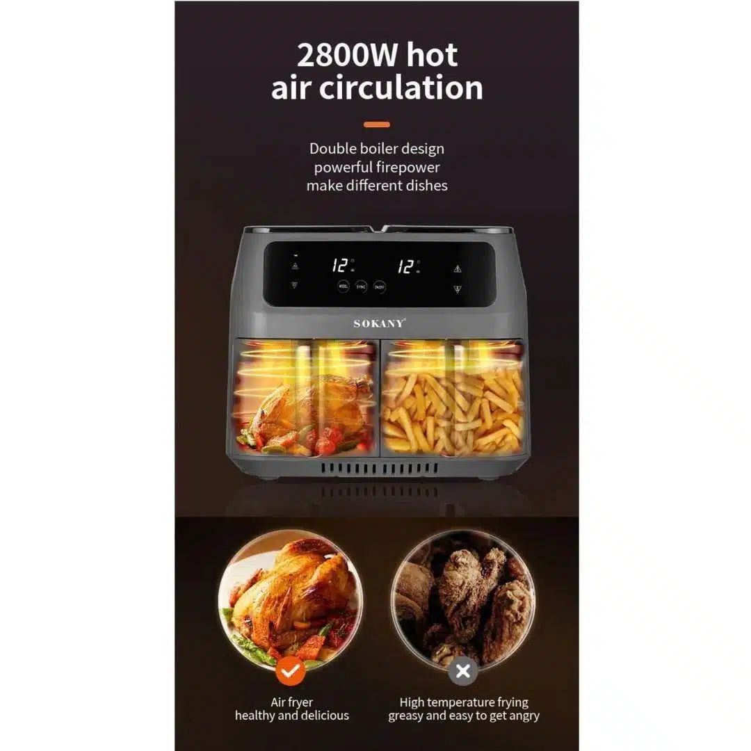 Ψηφιακή Φριτέζα Αέρος Sokany Air Fryer 8lt RAF 1500W με 2 Αποσπώμενα Καλάθια Ψηφιακή Φριτέζα Αέρος Sokany Air Fryer 8lt RAF 1500W με 2 Αποσπώμενα Καλάθια