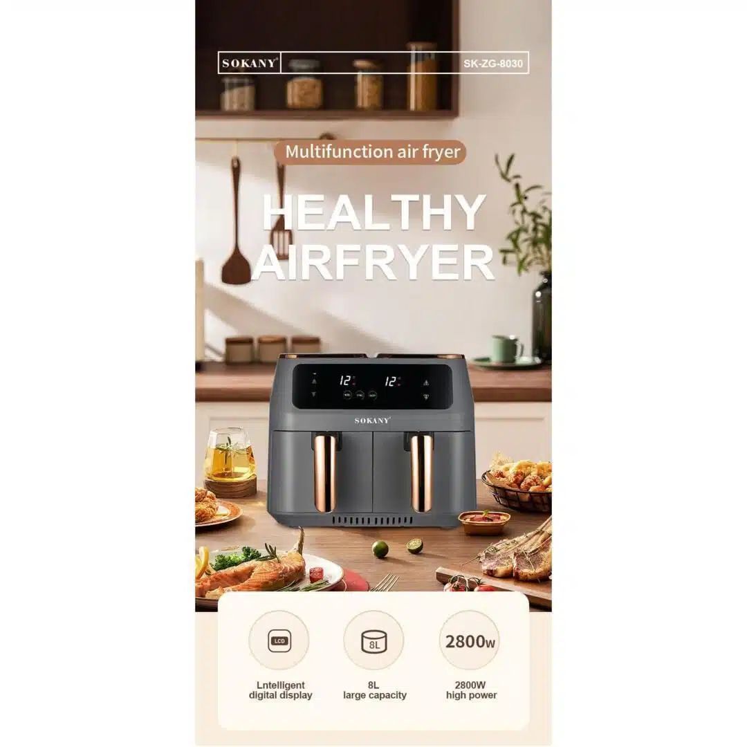 Ψηφιακή Φριτέζα Αέρος Sokany Air Fryer 8lt RAF 1500W με 2 Αποσπώμενα Καλάθια Ψηφιακή Φριτέζα Αέρος Sokany Air Fryer 8lt RAF 1500W με 2 Αποσπώμενα Καλάθια