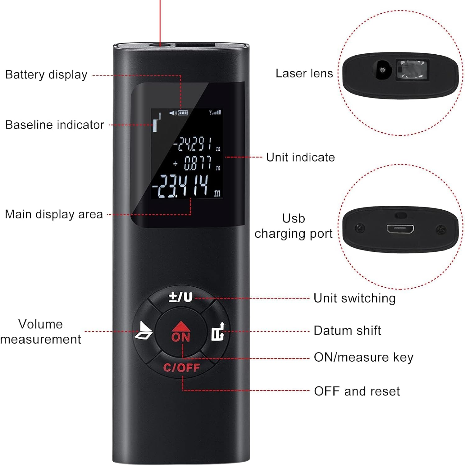 Ψηφιακός Μετρητής Απόστασης με Laser 40m Επαναφορτιζόμενο με USB Ψηφιακός Μετρητής Απόστασης με Laser 40m Επαναφορτιζόμενο με USB
