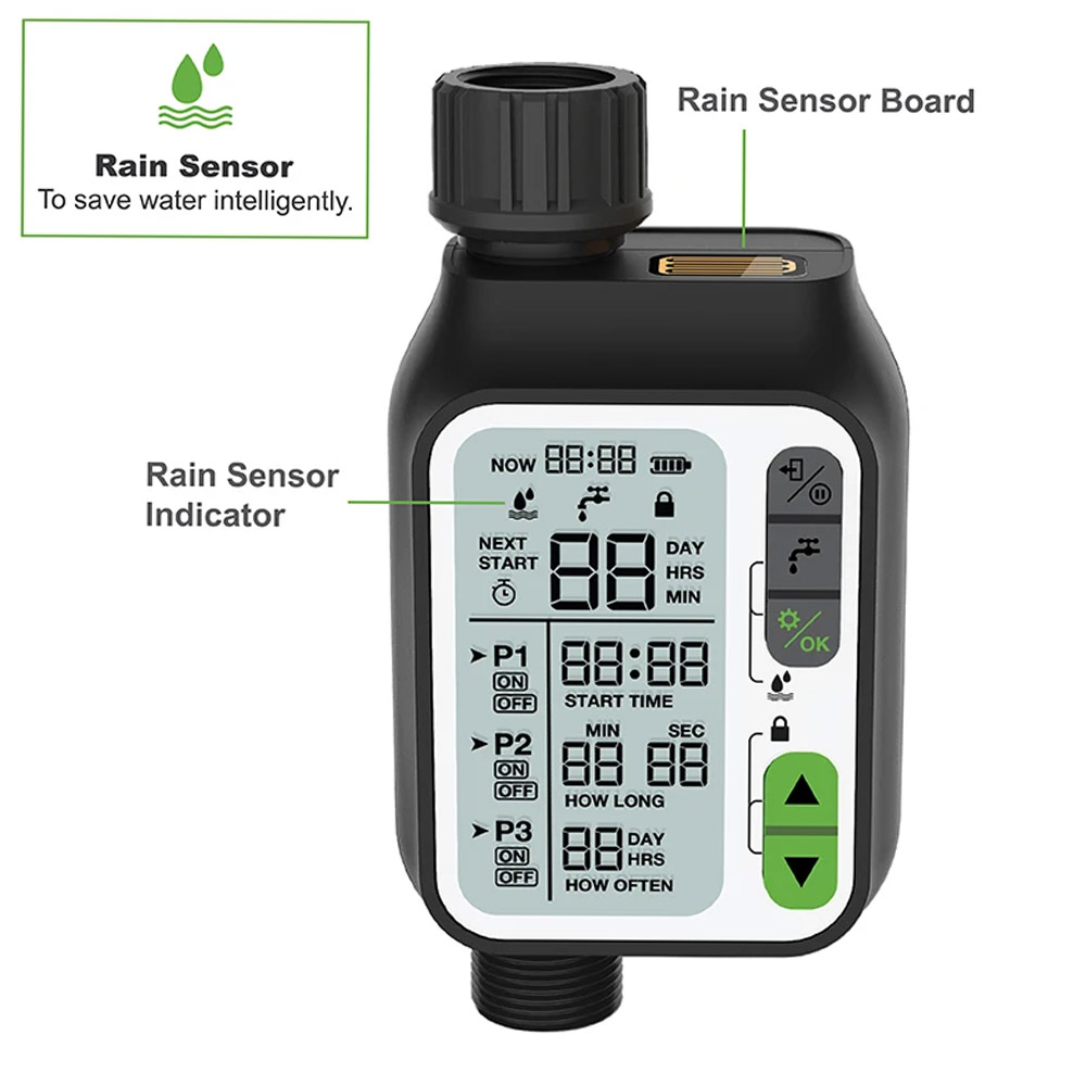 Ψηφιακός Προγραμματιστής Ποτίσματος Μπαταρίας με Αισθητήρα Βροχής Μονής Εξόδου Μαύρος Ψηφιακός Προγραμματιστής Ποτίσματος Μπαταρίας με Αισθητήρα Βροχής Μονής Εξόδου Μαύρος
